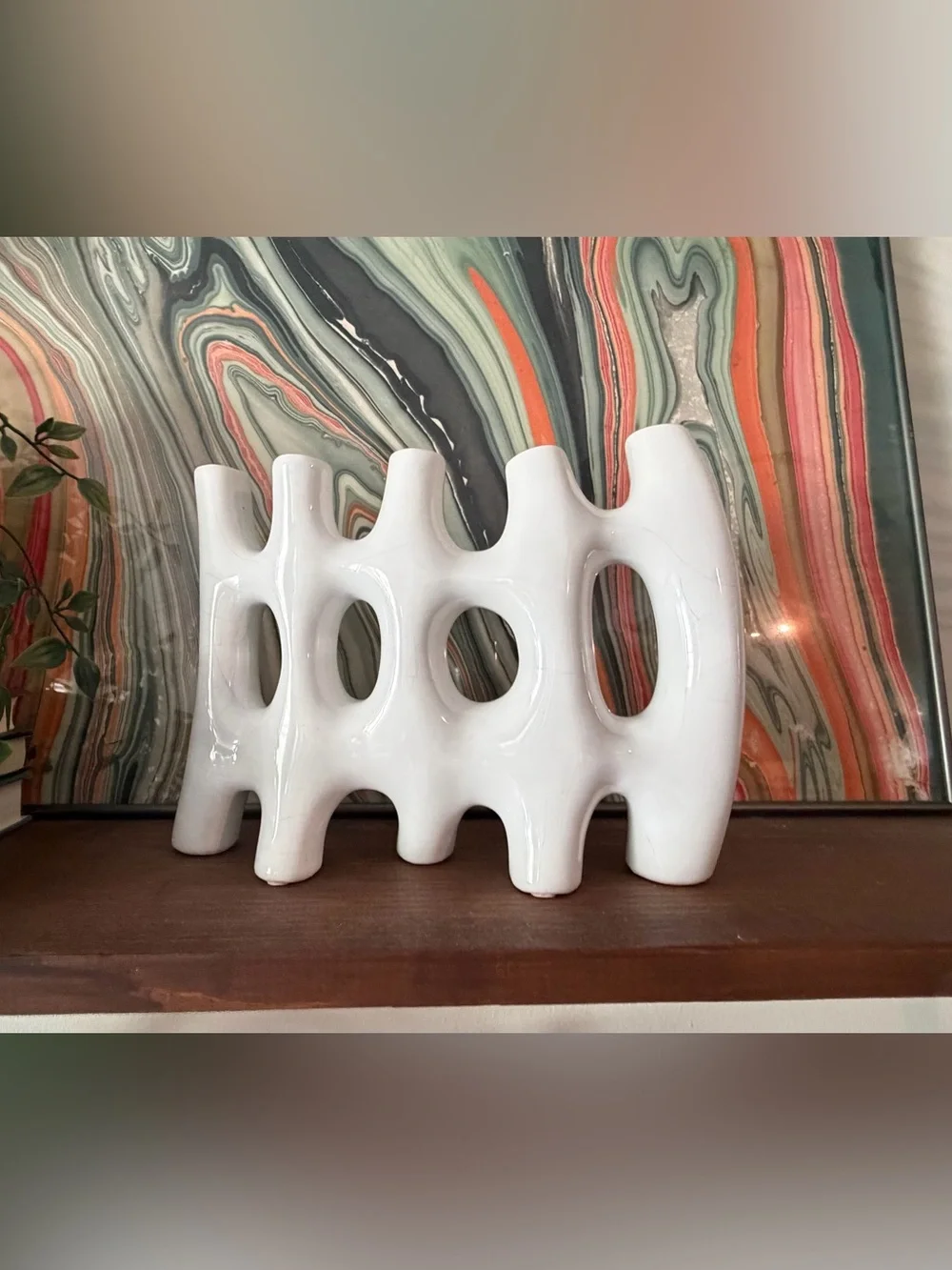 VTG Postmodern White Ceramic Biomorphic Ikebana Vase Sculptural Openwork Pottery